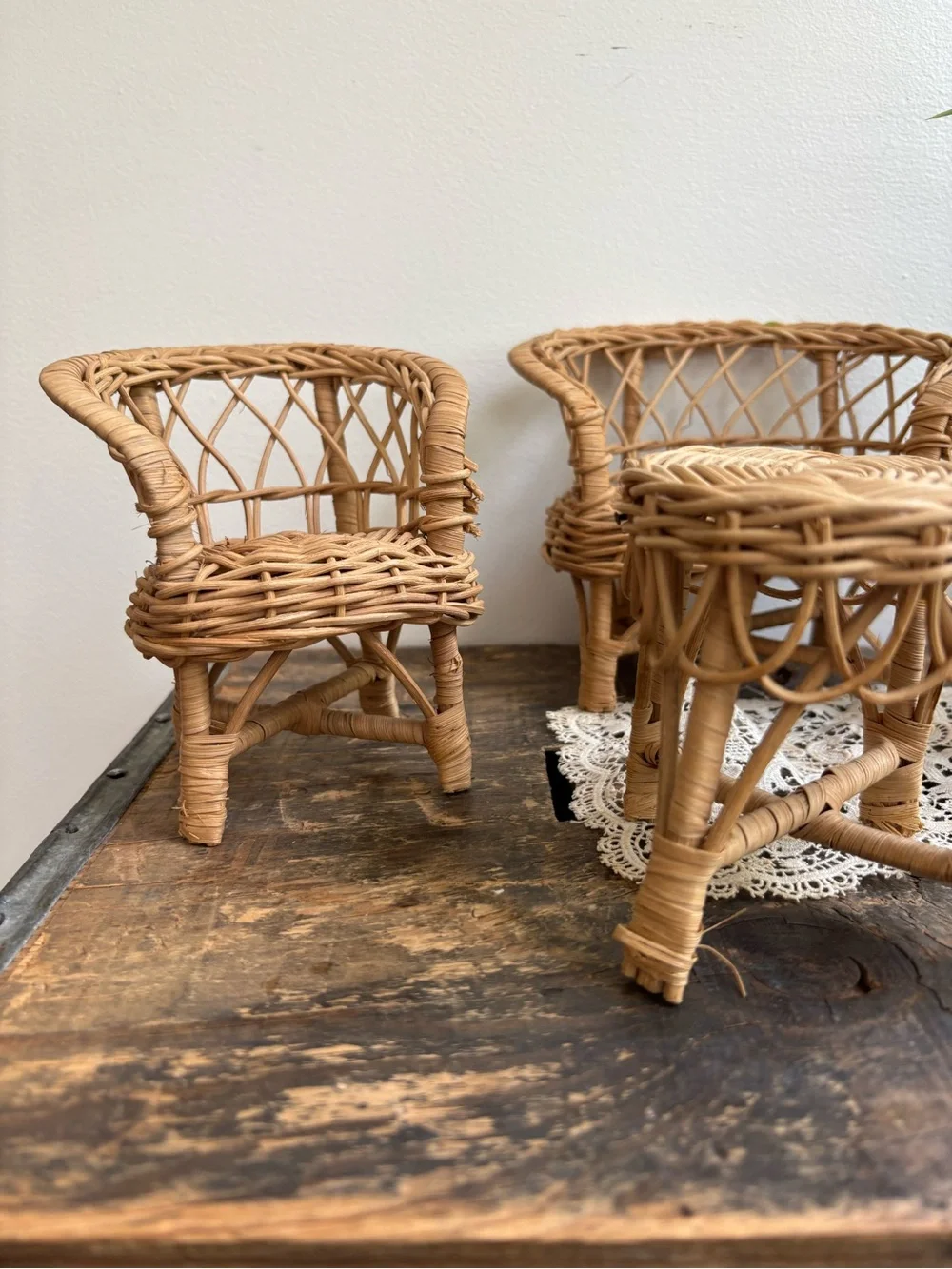 Vintage miniature Natural Rattan Wicker chair and sofa set loveseat